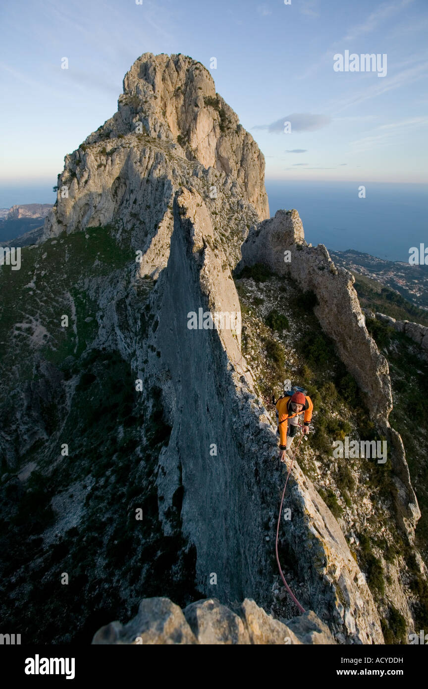 Climber on narrow section of Bernia Ridge Costa Blanca Spain Stock ...