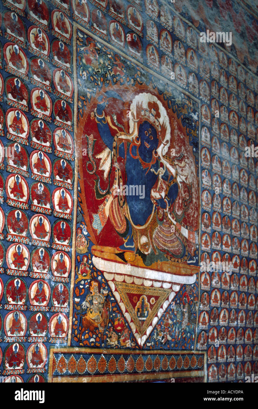 WALL FRESCO of a BUDDHIST DEITY wrathful incarnation in ALCHI GOMPA monastery LADAKH INDIA Stock Photo