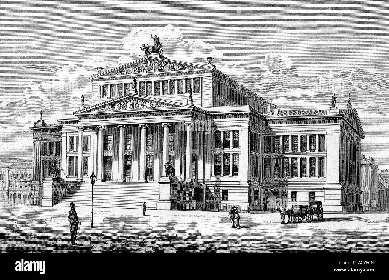 geography/travel, Germany, Berlin, theatres, theatre at Gendarmenmarkt, built 1818 - 1821 by Karl Friedrich Schinkel, engraving, 19th century, Konzerthaus, Concert Hall, neoclassical, architecture, historic, historical, people, Stock Photo
