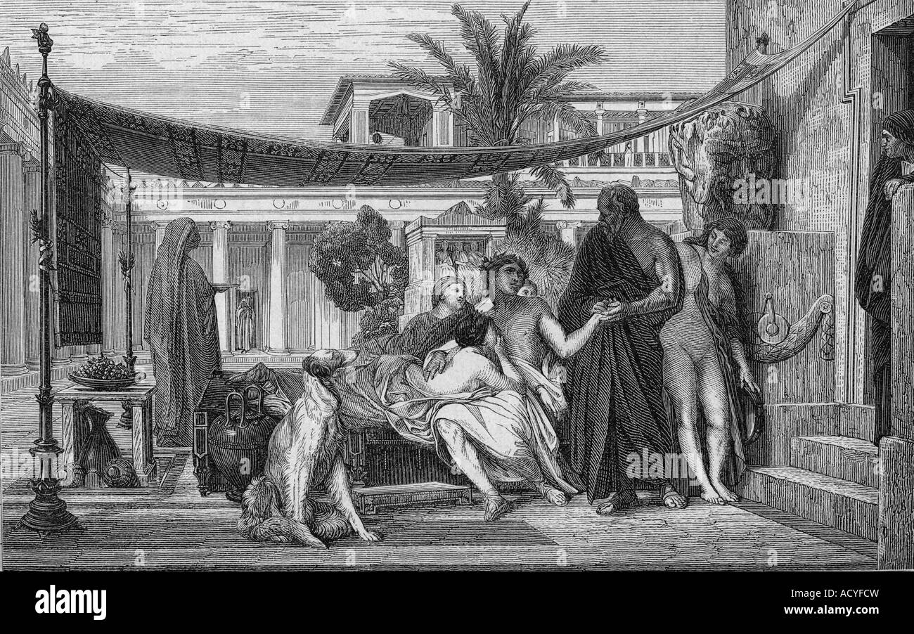 Socrates, 469 - 399 BC, Greek philosopher, visiting Alcibiades, full length, History painting, wood engraving, by J.C.Gerome, after etching by Coutry, 19th century, Stock Photo