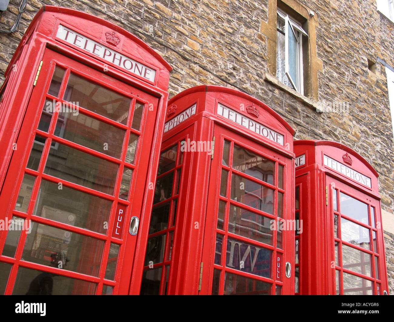 Detail of Three classic red phone boxes Hastings England Stock Photo