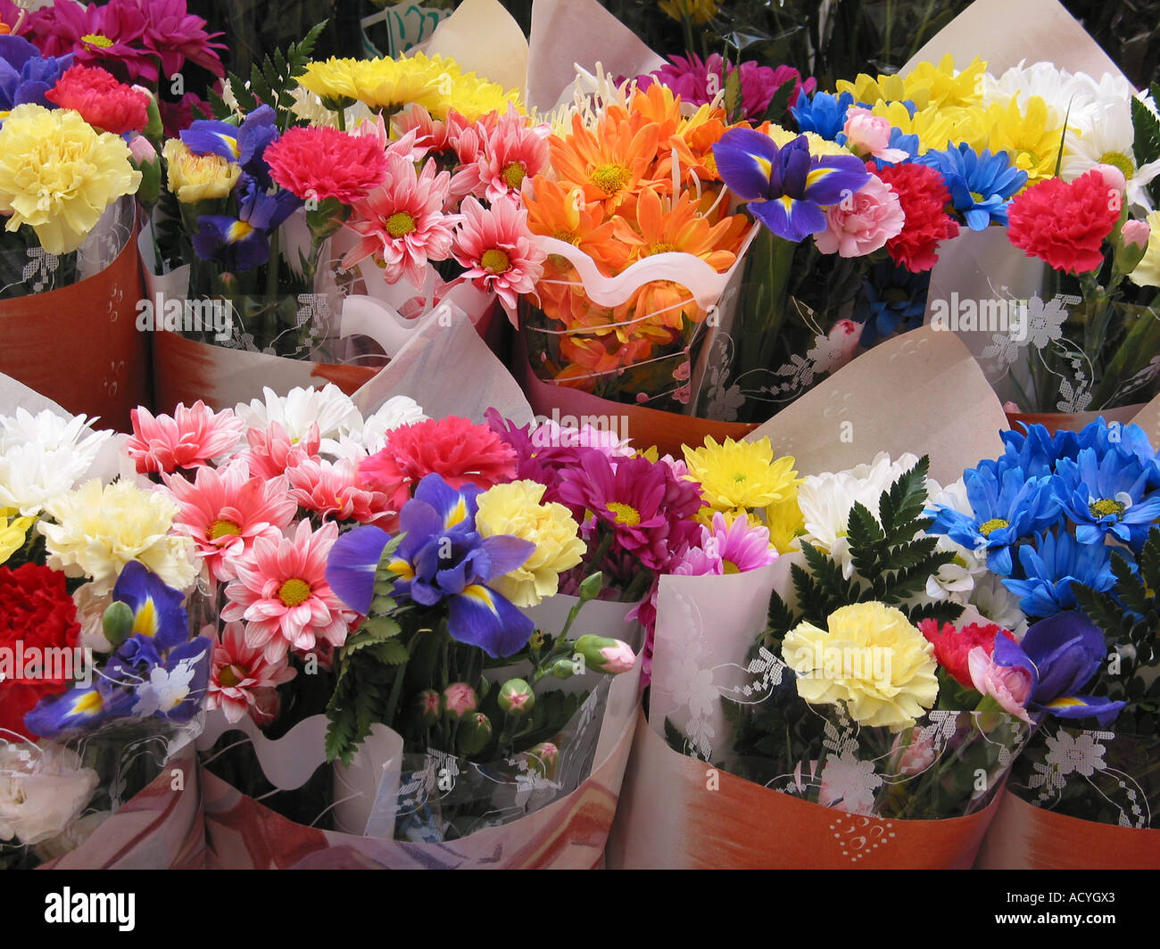Close up of various flowers at florist shop Grafton Street Dublin