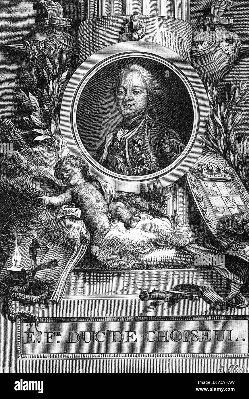 Choiseul, Etienne-Francois de, 28.6.1719 - 7.5.1719, French politician, Foreign Minister 3.12.1758 - 13.10.1761 and 10.4.1766 - 24.12.1770, portrait, after engraving by Pierre Francois Basan (1723 - 1797),  , Artist's Copyright has not to be cleared Stock Photo