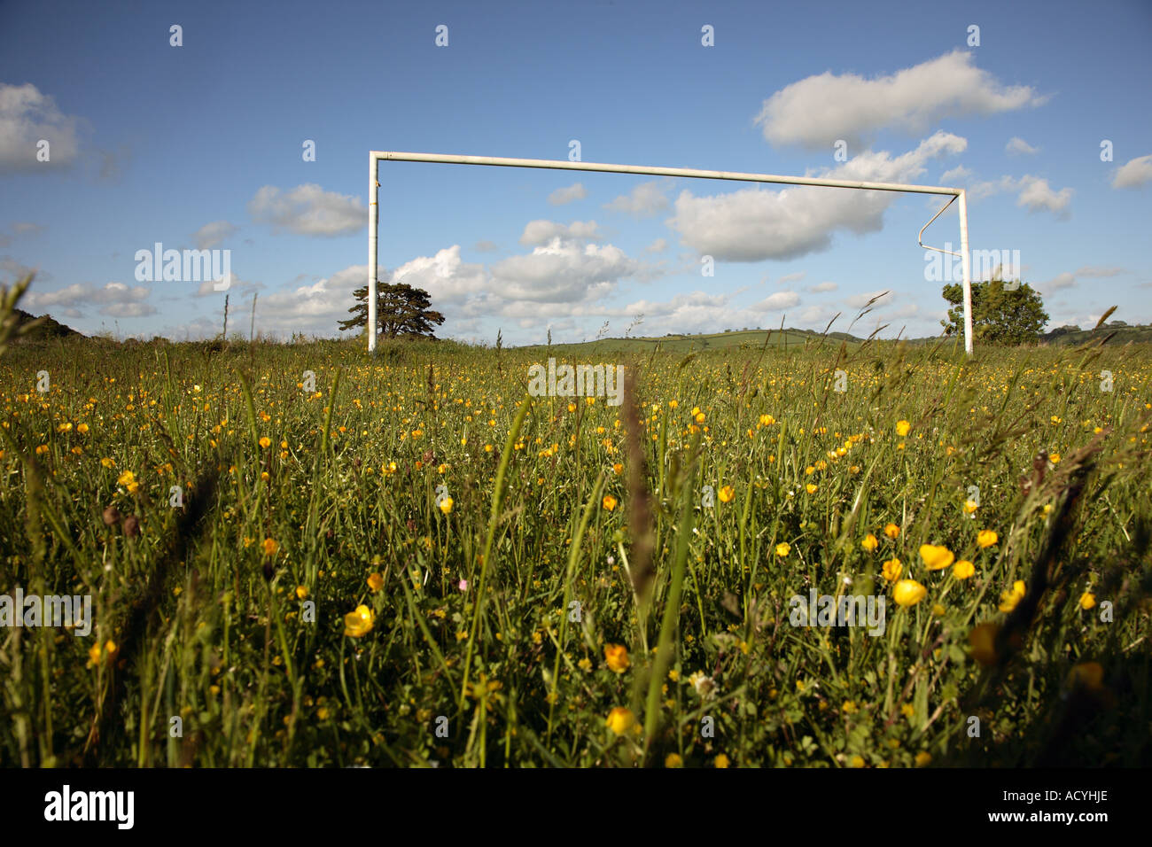 Football Furlough - Football Season is over - football end of season - overgrown soccer pitch once football is finished. Football Furlough Stock Photo