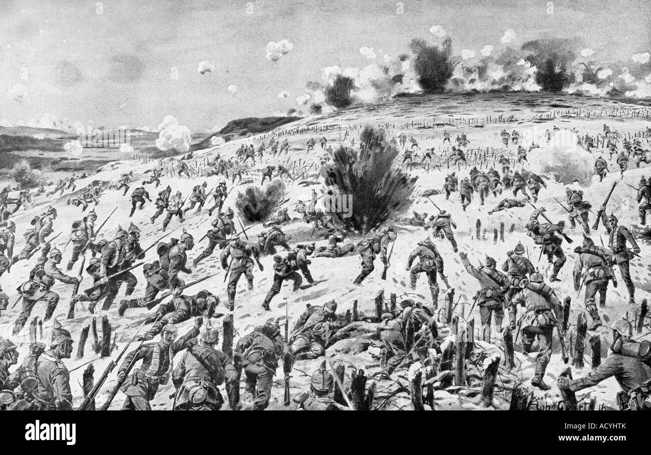 events, First World War/WWI, Western Front, France, Battle of um Verdun 21.1.1916 - 20.12.1916, German infantry attacking Fort Doaumont, 25.2.1916, drawing by Johannes Gehrts, 1916,  , Stock Photo