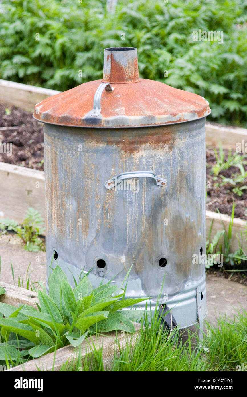 Zinc galvanised garden waste incinerator Stock Photo