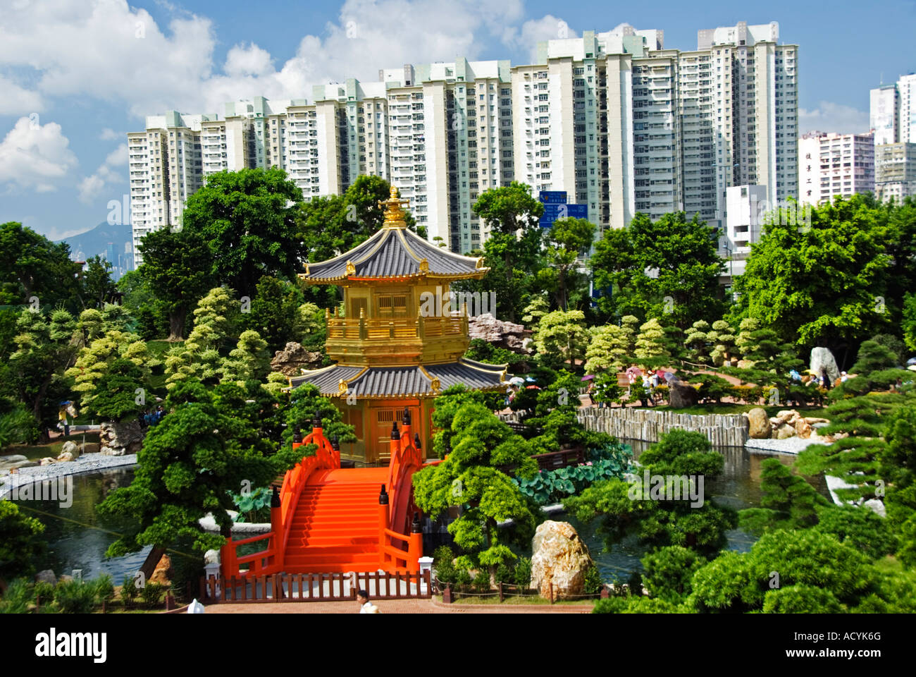 Golden Pavilion and red bridge in Nan Lian Garden beside Chi Lin Nunnery Hong Kong Stock Photo