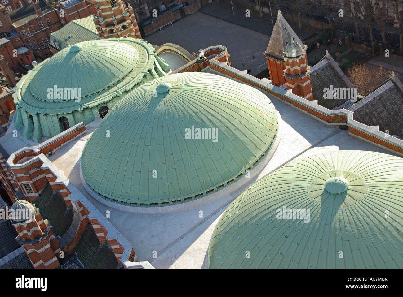 Roofs of Green patina coating on three copper clad green domes on the