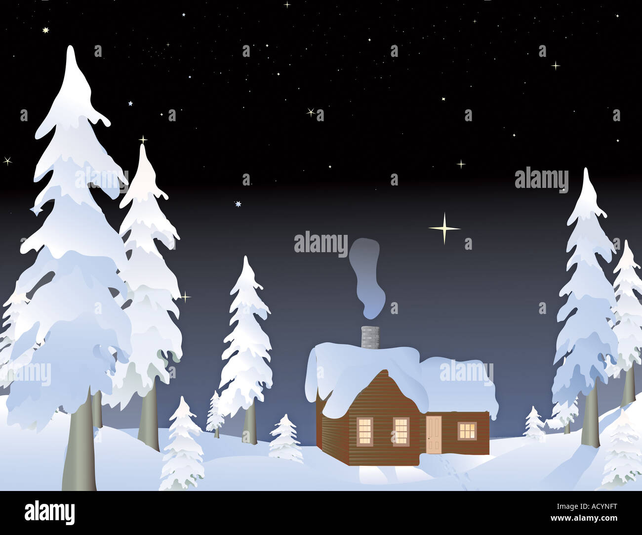Cabin In The Snowy Woods At Night Stock Photo 13256843 Alamy