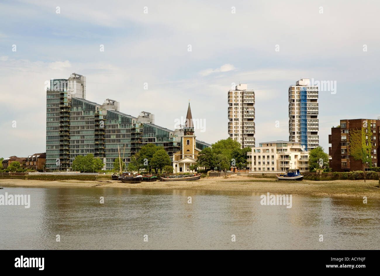 St Mary's church in Battersea by the River Thames surrounded by modern
