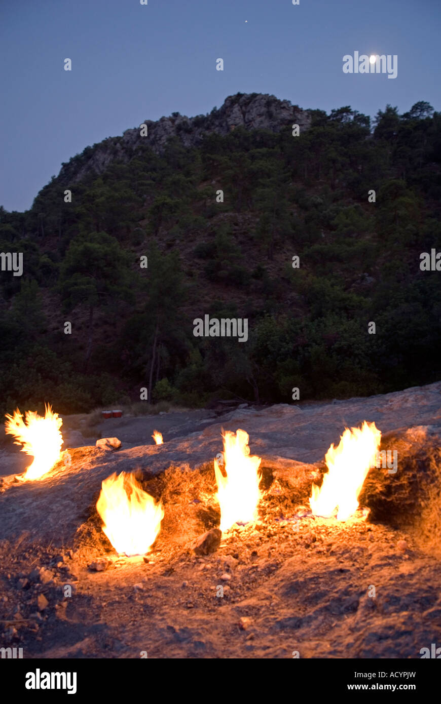 Ethernal flames of Olympos Chimaera, Cirali Turkey. Stock Photo