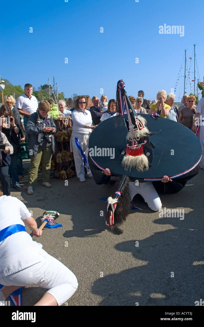 The Blue Ribbon Hobby Horse ('obby 'oss) and teaser on Mayday, Padstow,  Cornwall Stock Photo - Alamy