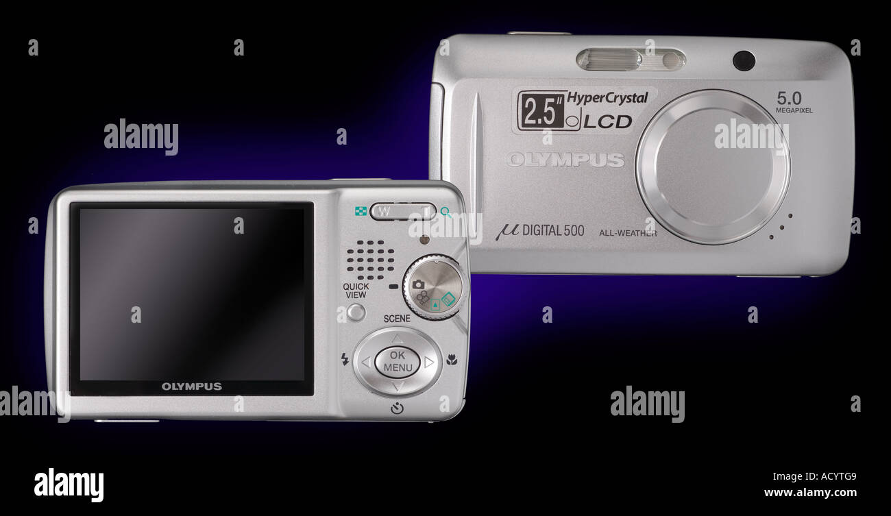 Olympus consumer digital camera composite. front and rear views, blue/black background Stock Photo