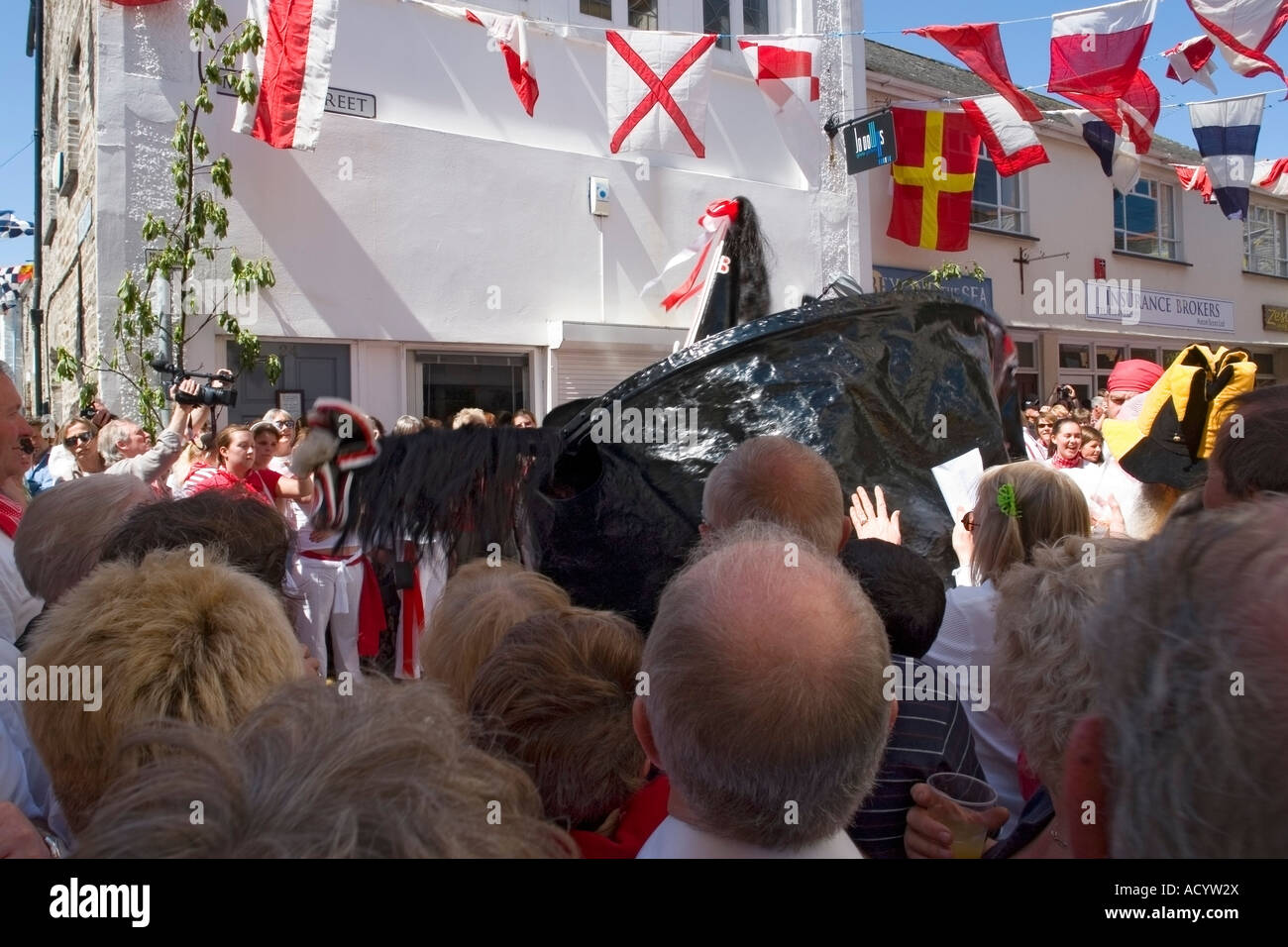 The Old 'Oss Hobby Horse ('obby 'oss) dancing in the street on May day
