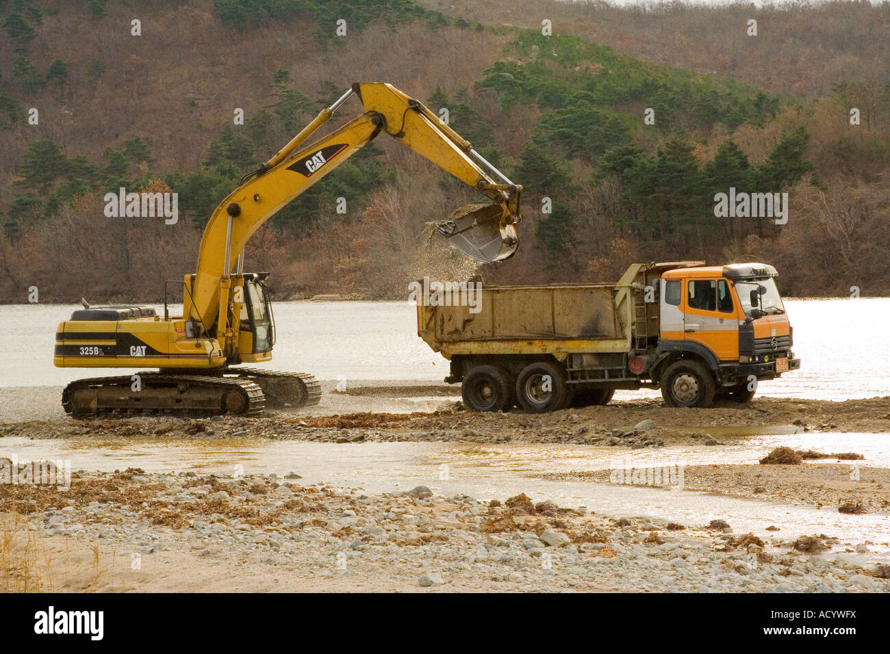Heavy Equipment Gathering Earth from a Riverbed Sokcho South Korea