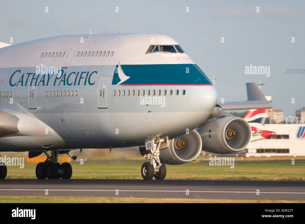 Close-up of Cathay Pacific Airways Boeing 747-467 at London Heathrow Airport England UK Stock Photo