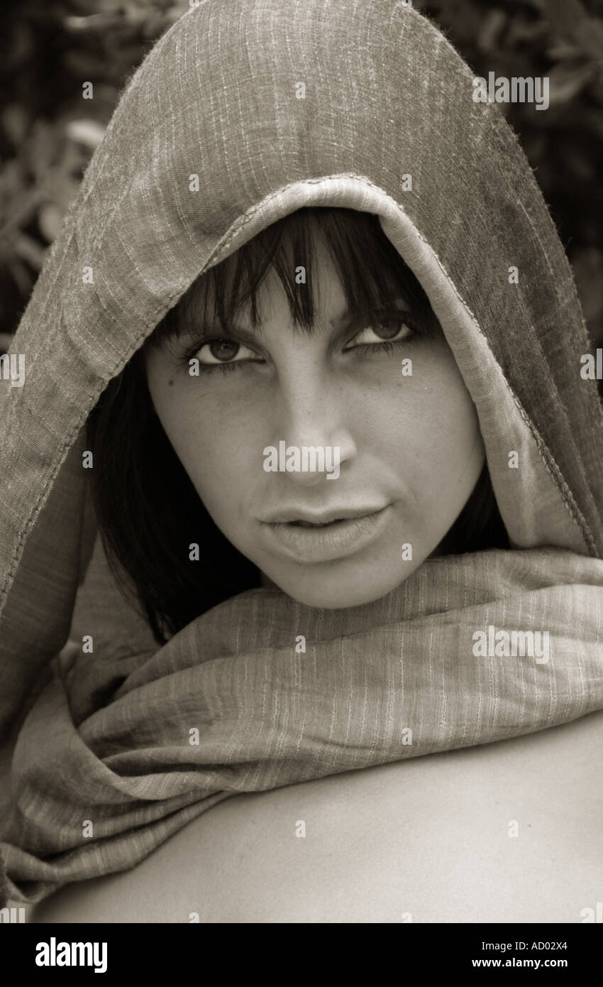 Monochrome Portrait of a Young Czech Girl with a Head Scarf Stock Photo