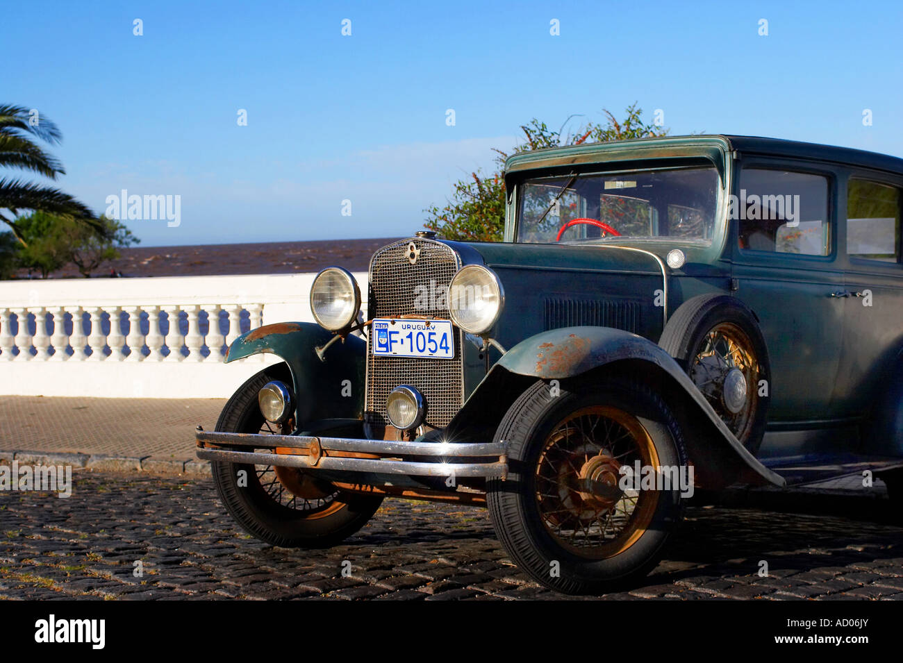 Old Chevrolet (years 1929-1931) car at Colonia del Sacramento riverside path. Stock Photo