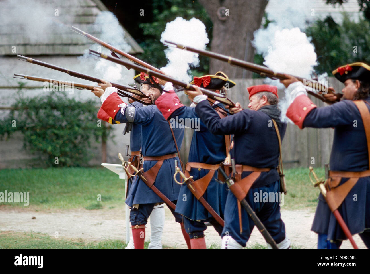 Reenactors shooting muskets at an encampment in St Augustine Florida USA Stock Photo