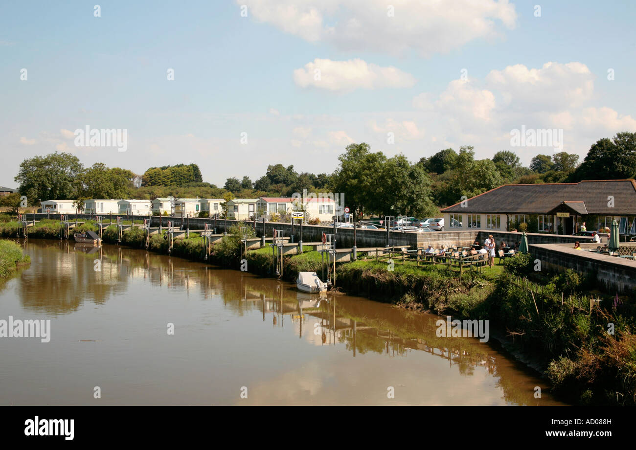 Caravan Park on the banks of the River Arun at Houghton Village, West Sussex Stock Photo