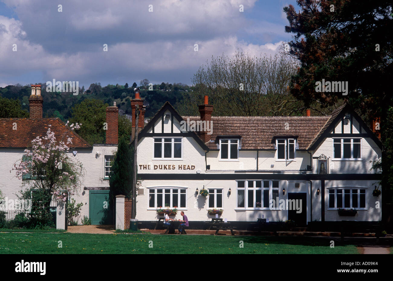 The Dukes Head — classic Surrey pub beneath the North Downs, with couple eating lunch overlooking Brockham village green, Surrey Stock Photo