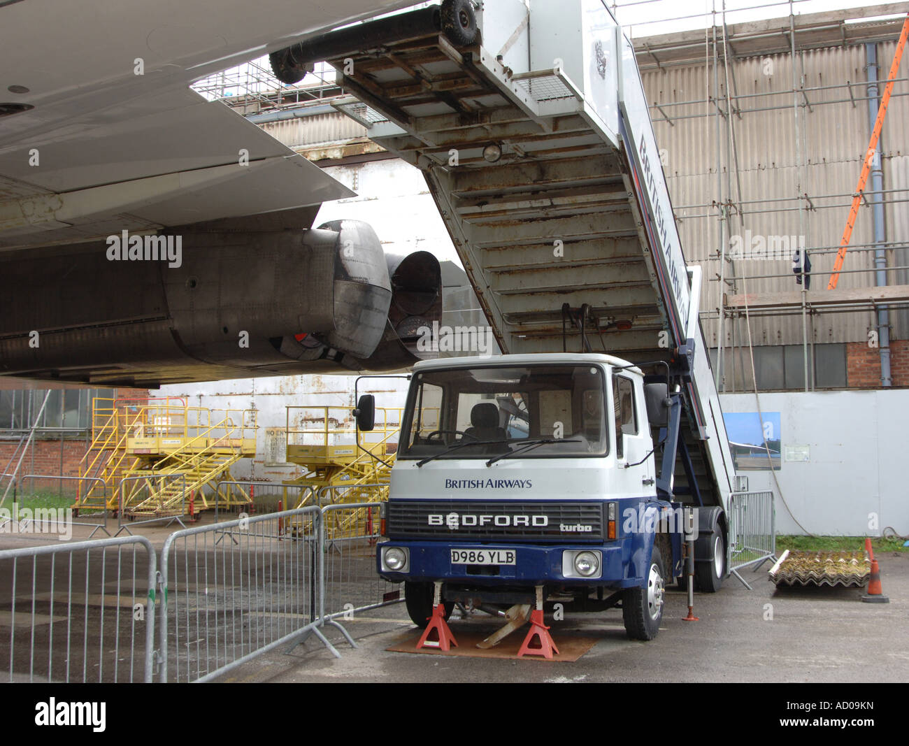 Concorde passenger stairs on a Bedford lorry, now at Brooklands Museum Stock Photo