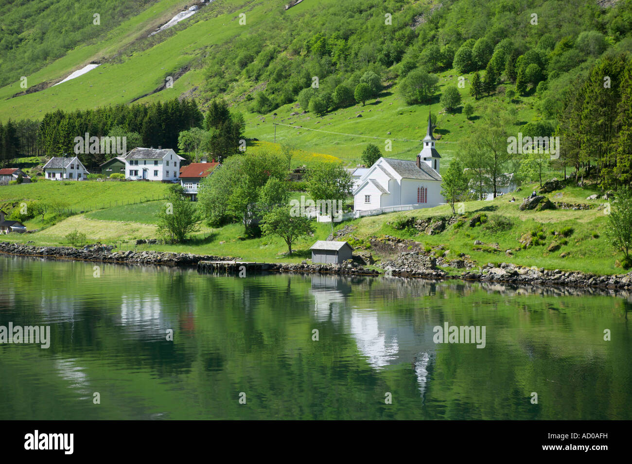 Bakka village beside the Naeroyfjorden Aurland Sogn og Fjordane Norway Stock Photo