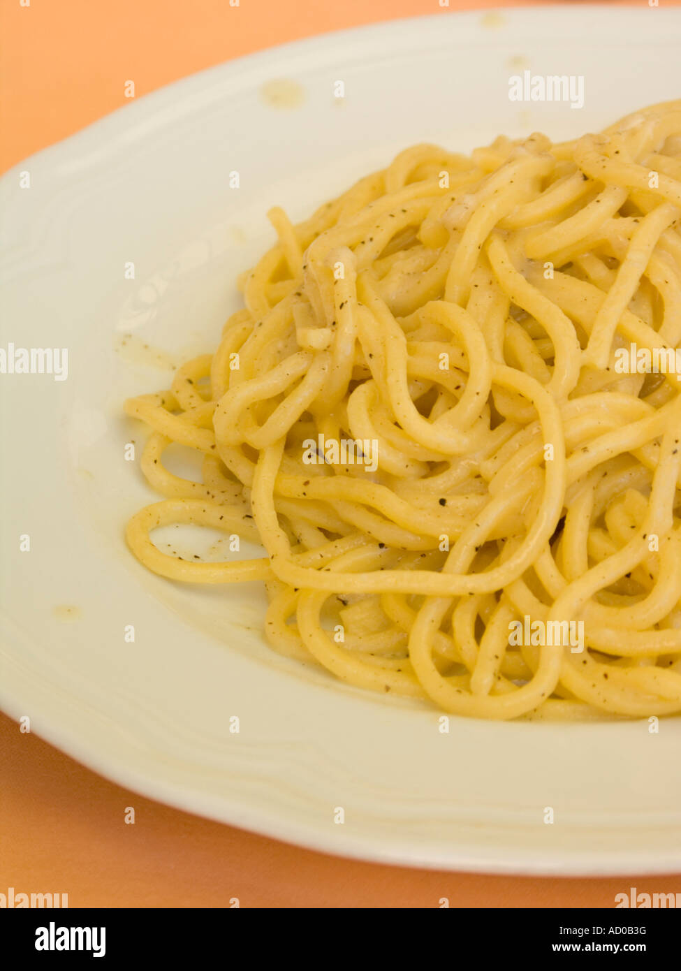 spaghetti carbonara whit cheese and pepper, rome, italy, eu Stock Photo