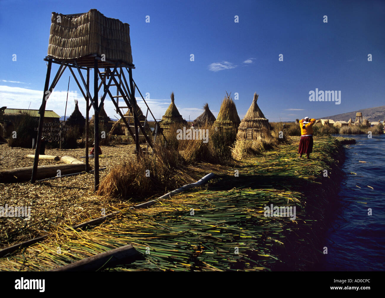 Uros Floating island on Lake Titicaca, near Puno,  Peru Stock Photo