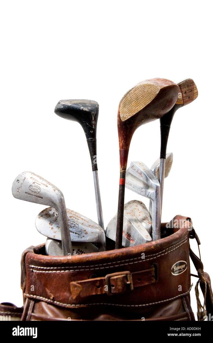 Wooden golf clubs and caddy Stock Photo