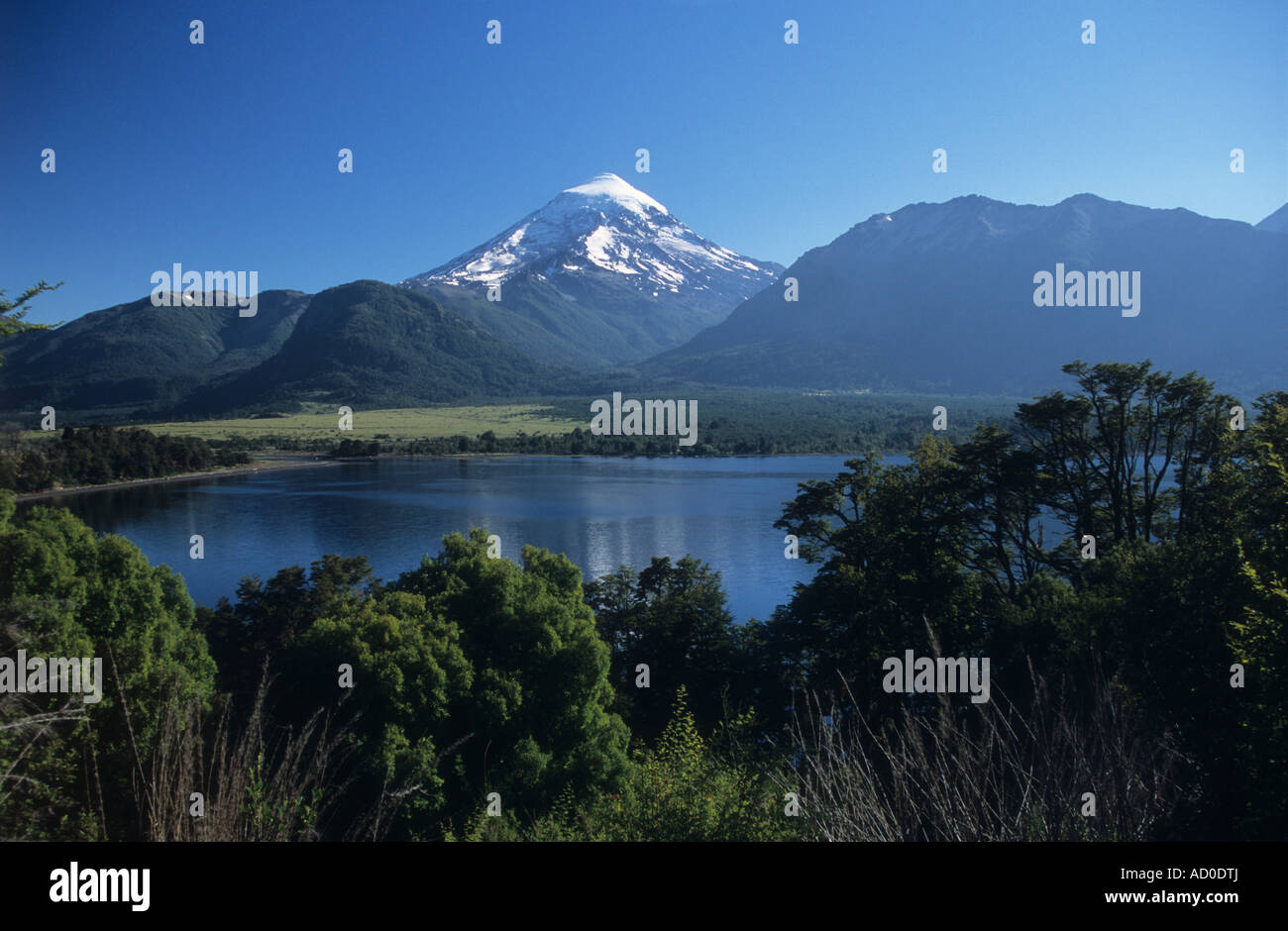 Lake Paimun and Lanin volcano, Lanin National Park, Neuquen Province, Argentina Stock Photo
