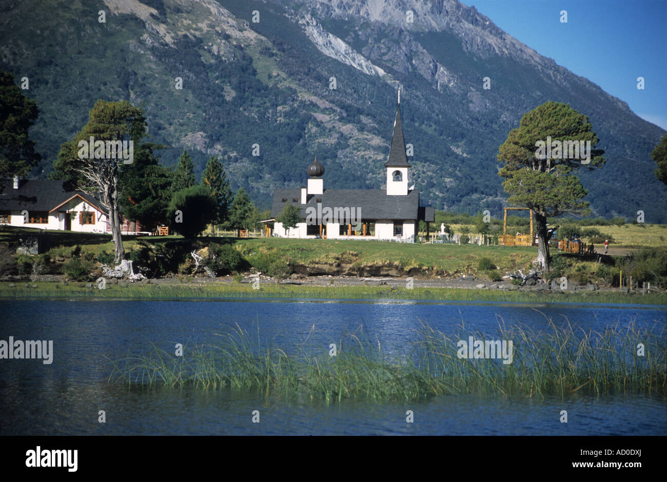 Alpine style church next to Lake Paimun, Lanin National Park, Neuquen Province, Argentina Stock Photo