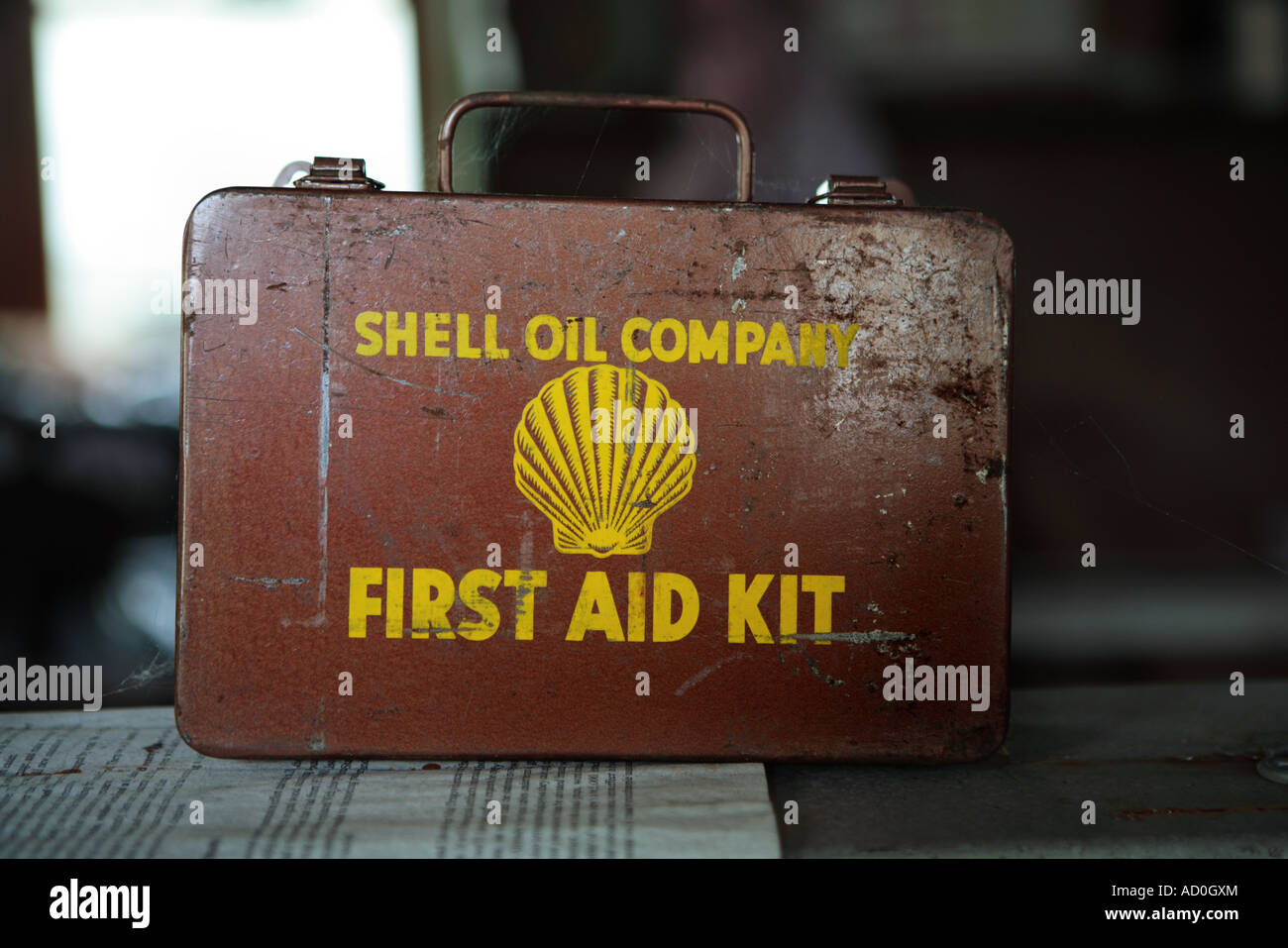 old rusty shell first aid kit route 66 memorabilia stock photo