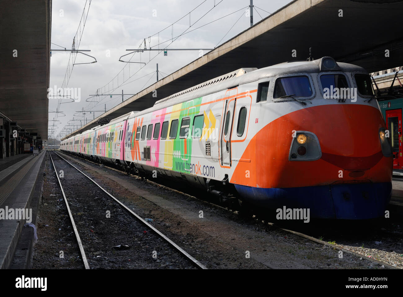 Colorful commuter electric train in Termini Station Rome Italy Stock Photo