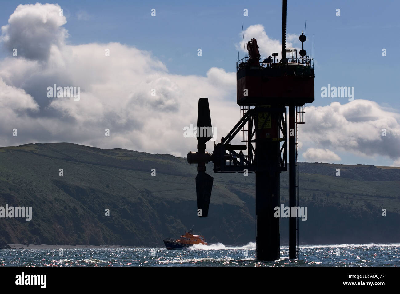 The Seaflow Marine Current Tubine project with rotor raised for maintenance off Foreland Point Lynmouth North Devon Stock Photo