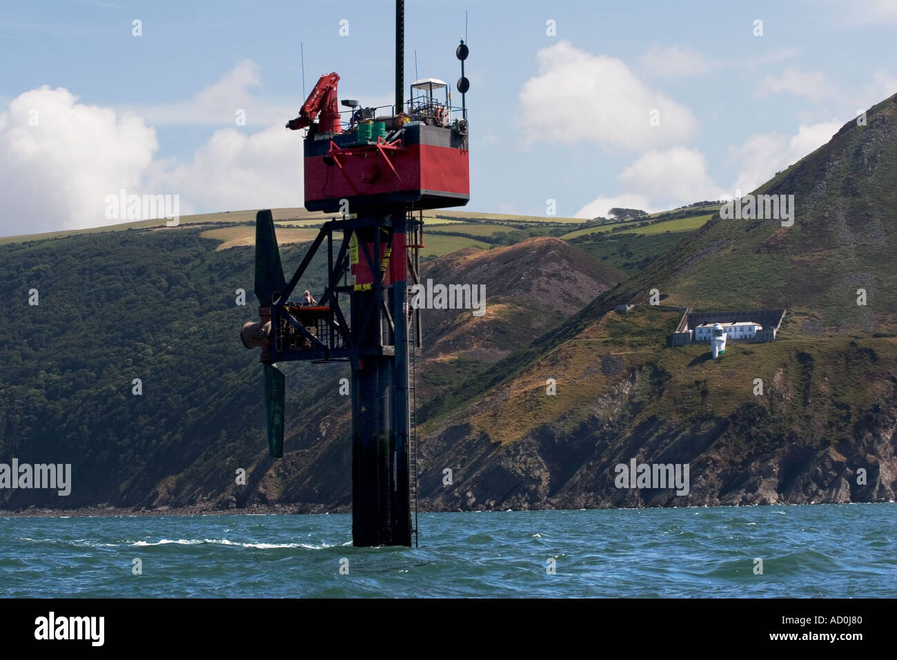 The Seaflow Marine Current Turbine project with rotor raised for maintenance off Foreland Point Lynmouth North Devon England Stock Photo