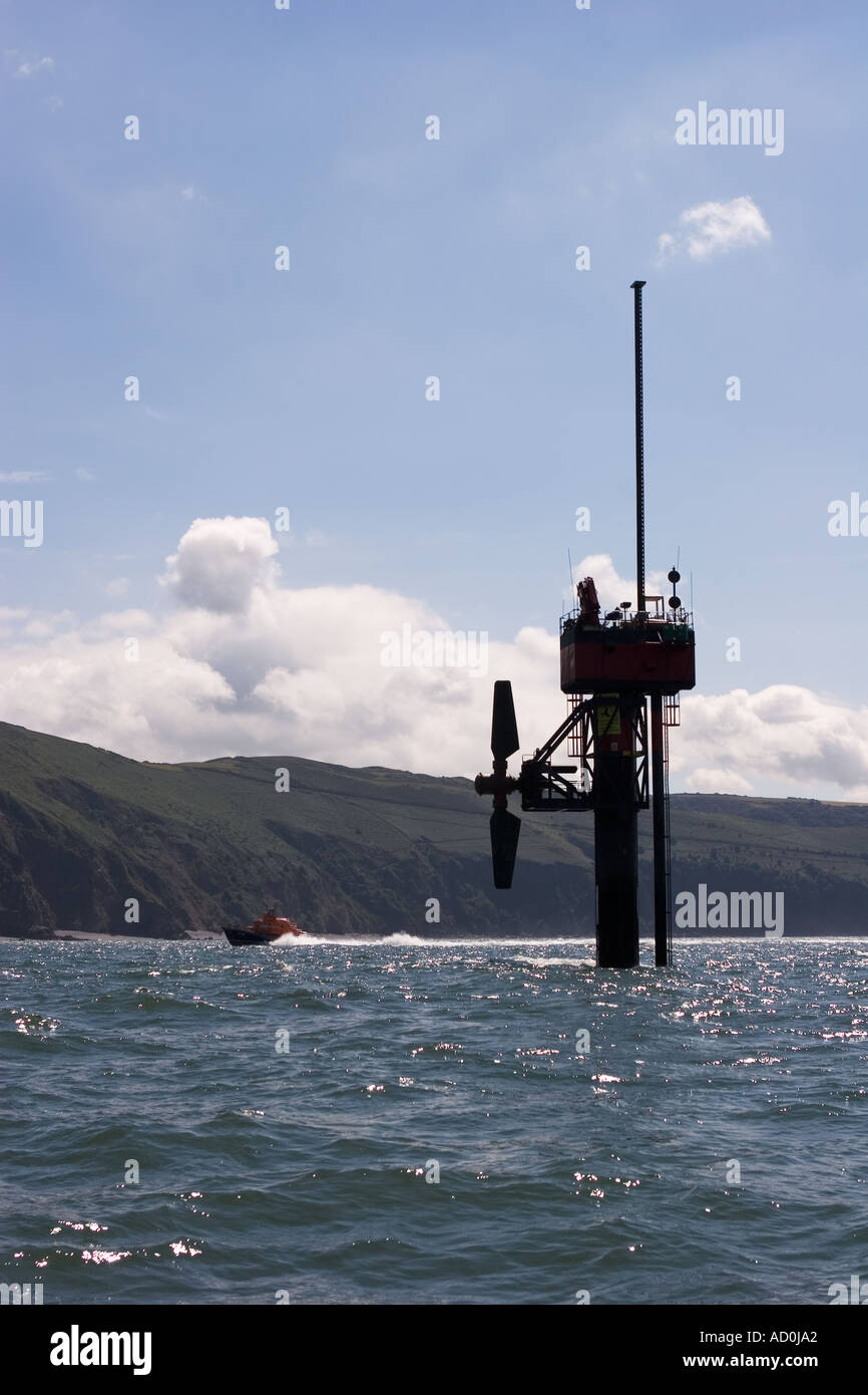 The Seaflow Marine Current Turbine project with rotor raised for maintenance off Foreland Point Lynmouth North Devon England Stock Photo