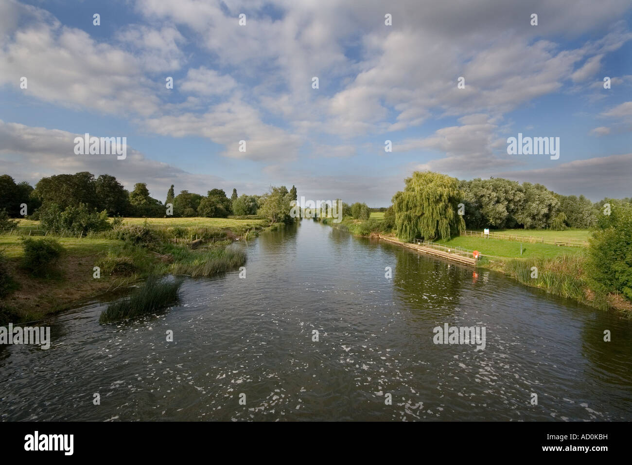 Shot showing the River Great Ouse in Bedforshire, the shot is from the location Great Barford standing on the foot bridge. Stock Photo