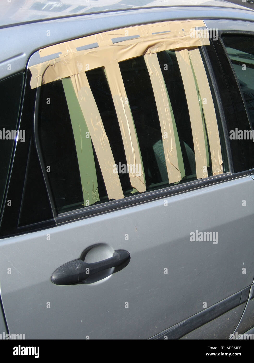 temporary repair for broken car window with malfunction Stock Photo Alamy