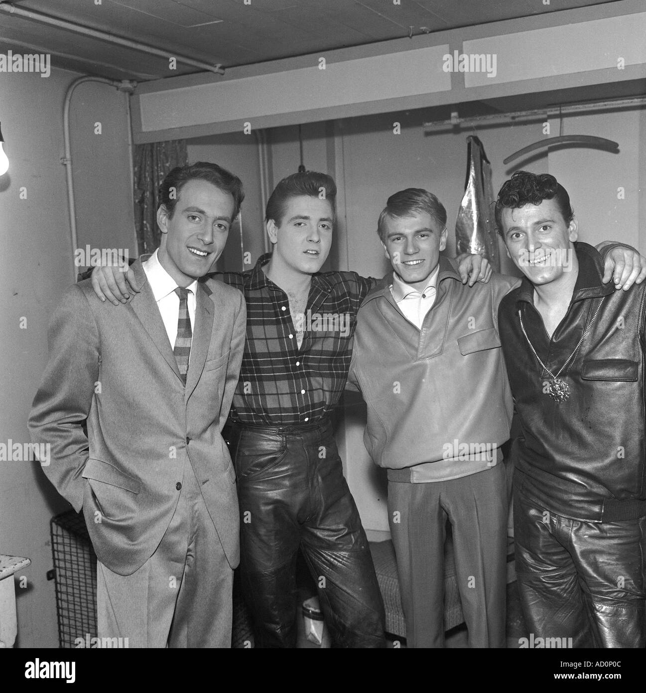 Eddie Cochran with John Barry, Adam Faith and Gene Vincent. Photo by Harry Hammond. Wembley, UK, 1960. Stock Photo
