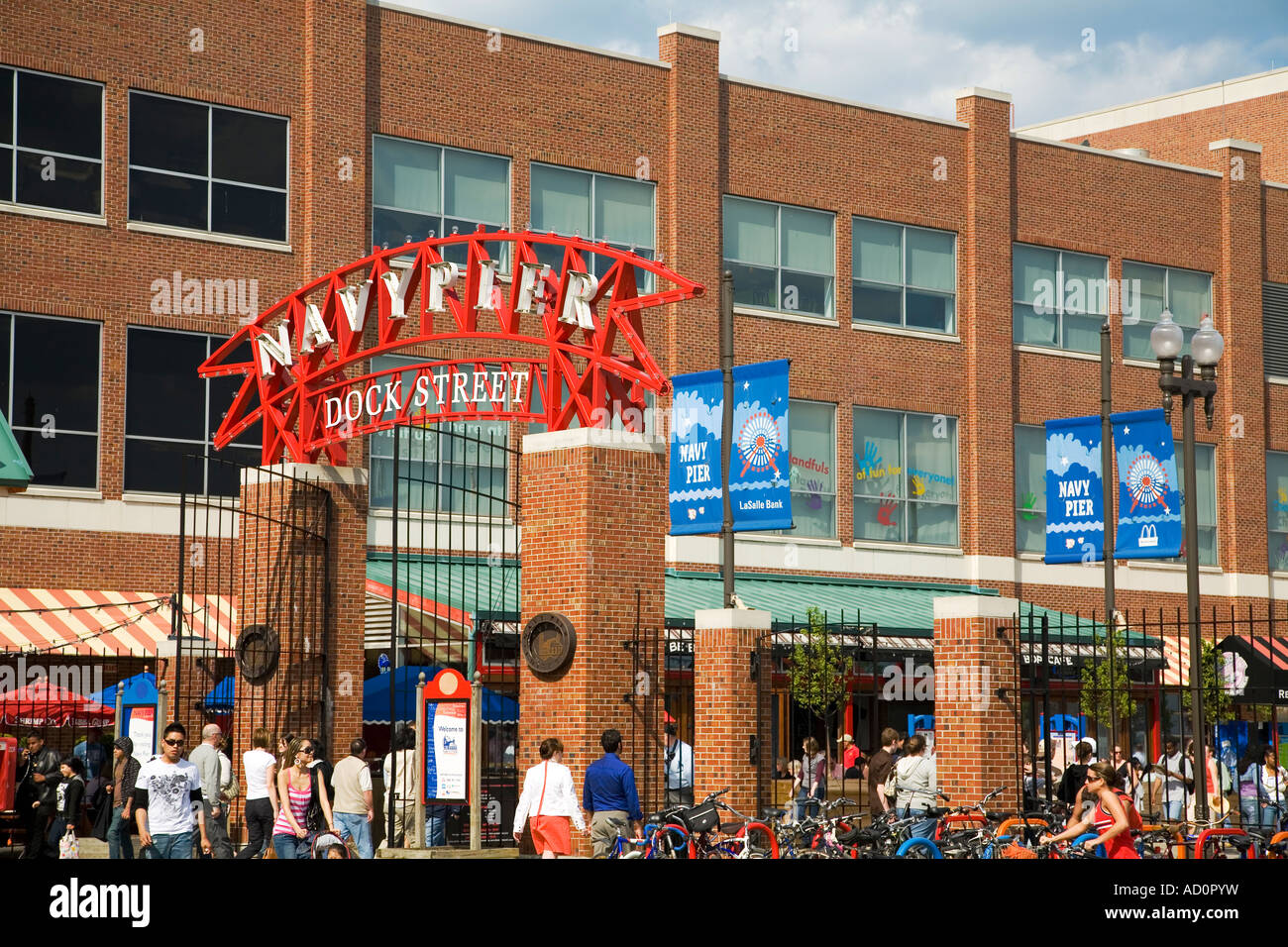 CHICAGO Illinois Navy Pier Dock Street sign at entrance bikes parked at