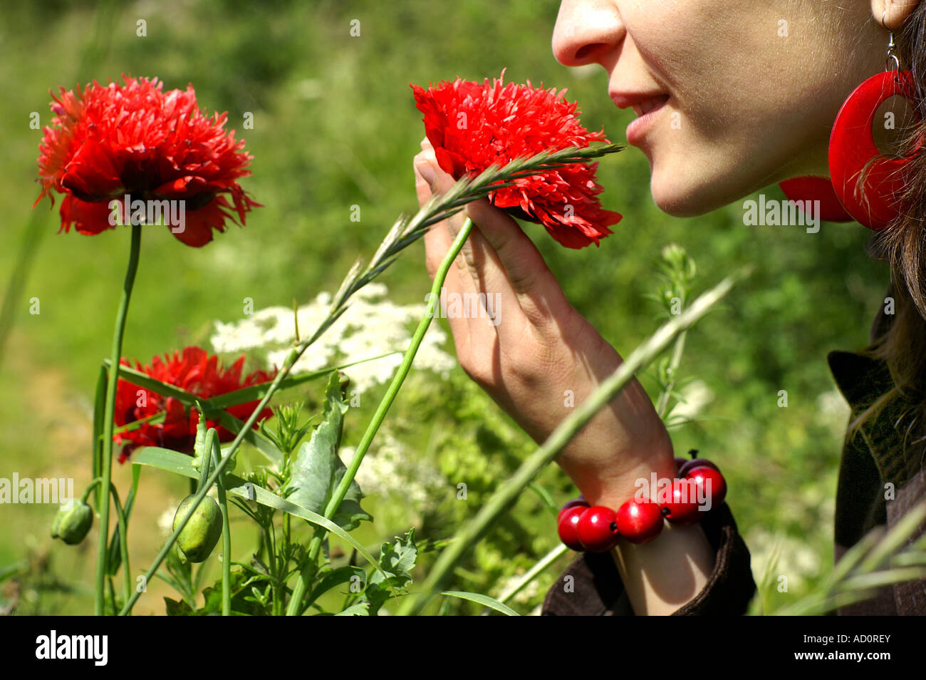 Woman Smelling Flowers Stock Photo Alamy