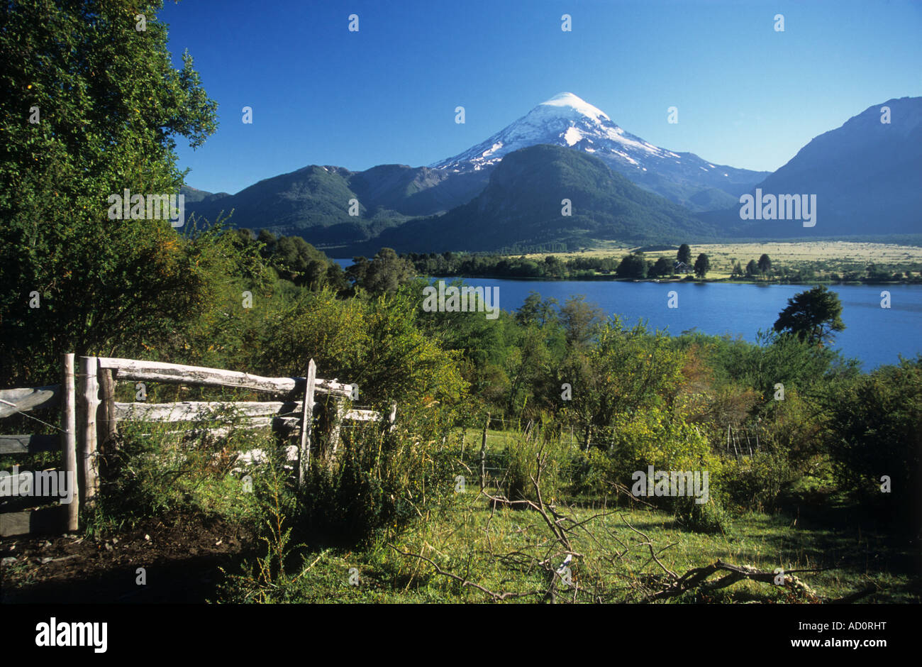 Lanin volcano and Lake Huechulafquen, Lanin National Park, Neuquen Province, Argentina Stock Photo