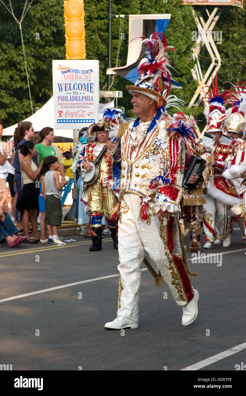 Leader of Quaker String Band marching in 4th of July parade