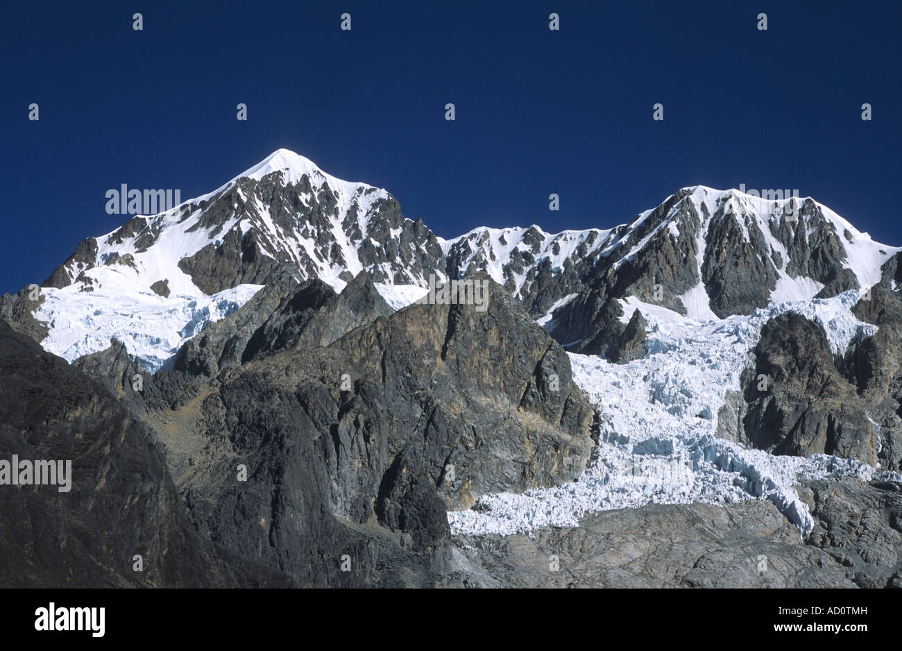 Mount Illimani North Peak (left), Central Peak (right) and receding glacier, Cordillera Real, Bolivia Stock Photo