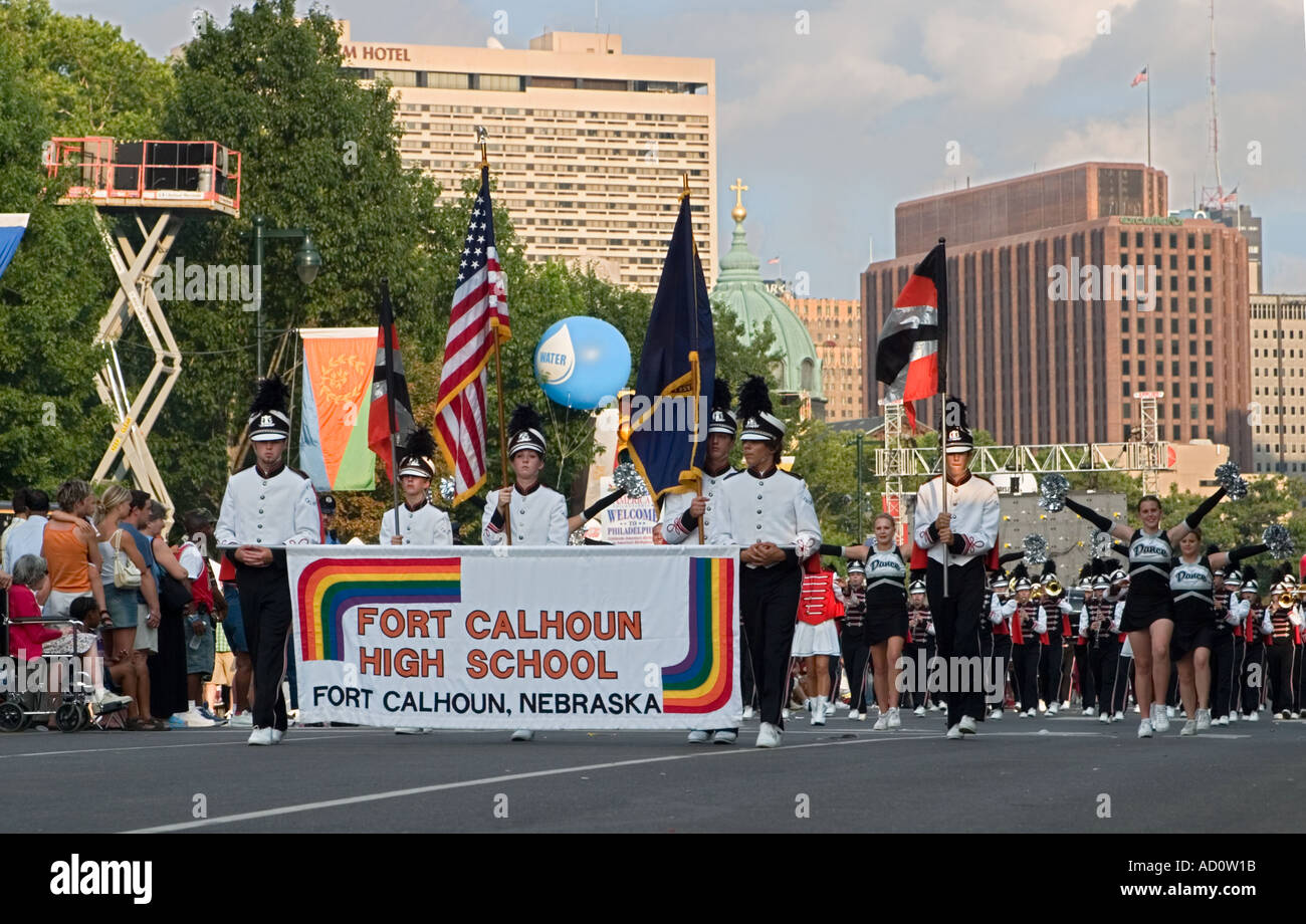 Fort Calhoun High School marching band at 4th of July parade Benjamin Franklin Parkway Philadelphia PA Stock Photo