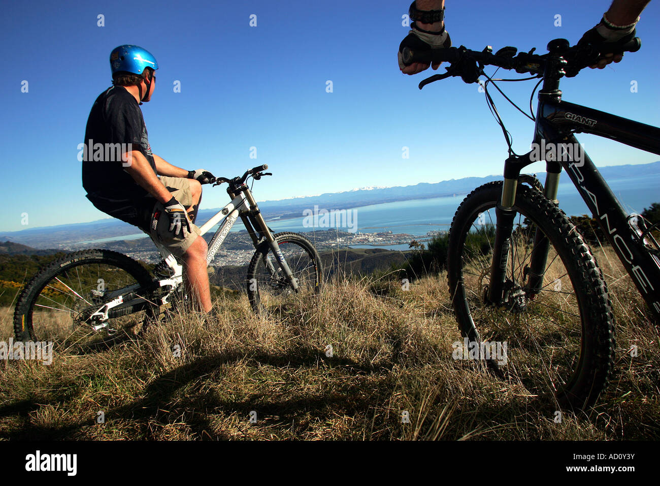Two riders mountainbiking in hills above Nelson, New Zealand Stock ...