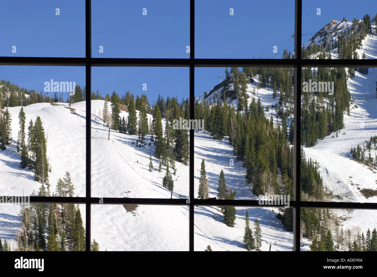 Mountain snow ski runs thru window Snowbird Utah Stock Photo Alamy