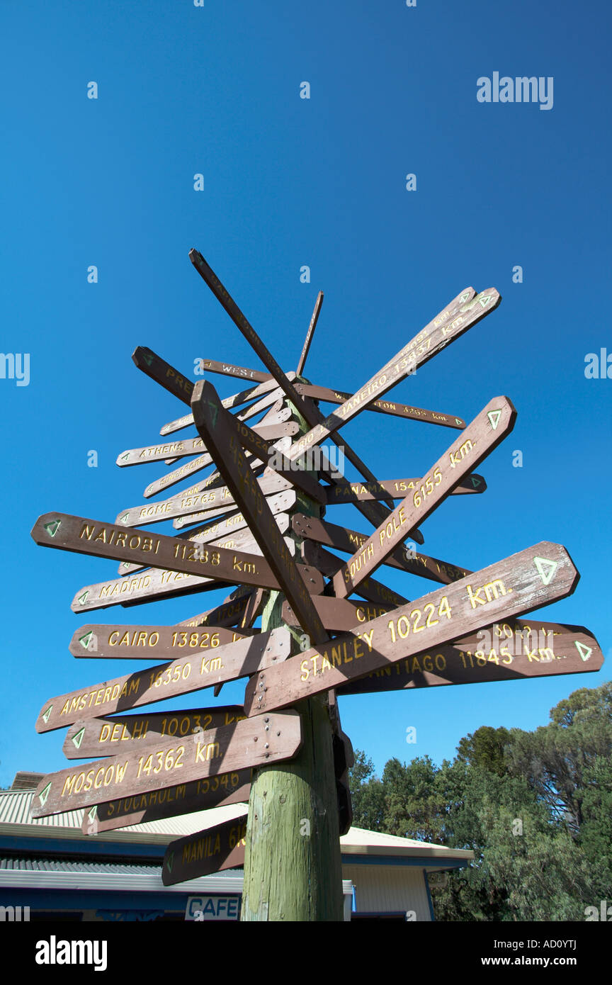 Pointed sign boards with pointing in all directions to many cities with their distance from that point. Stock Photo