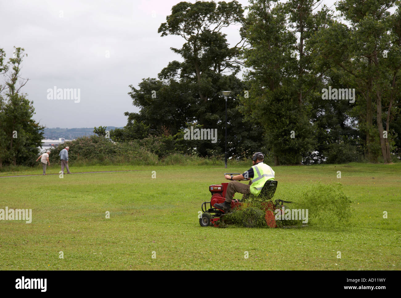local council greenskeeper cuts wet grass on ride on lawnmower wearing safety equipment Stock Photo